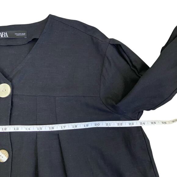 Zara Sz M Twee Chunky Button Front Short Swing Jacket Blazer Linen Blend Black - Picture 15 of 16
